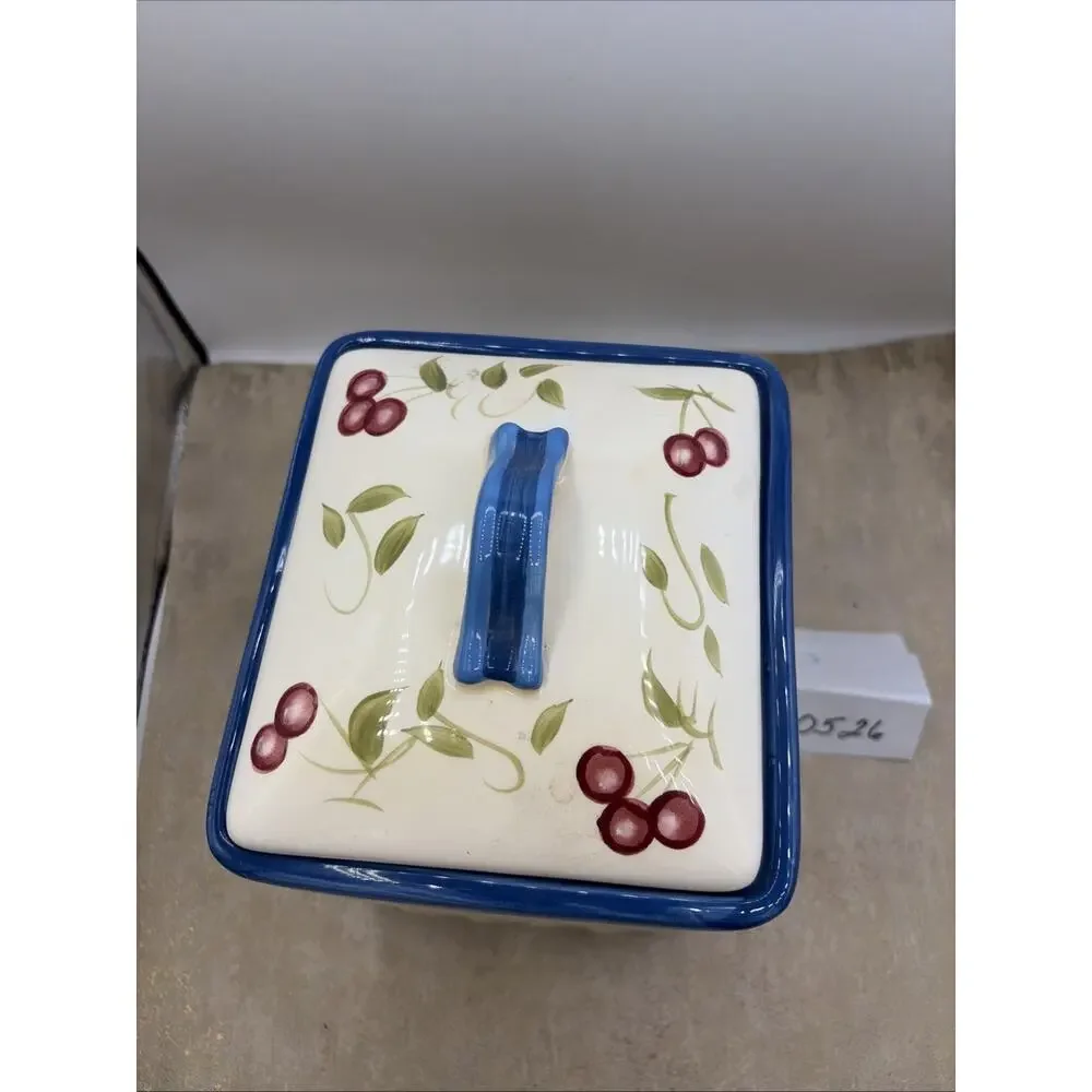Large Inspirado Square Hand Painted BISCOTTI COOKIE JAR Cherry Basket Weave